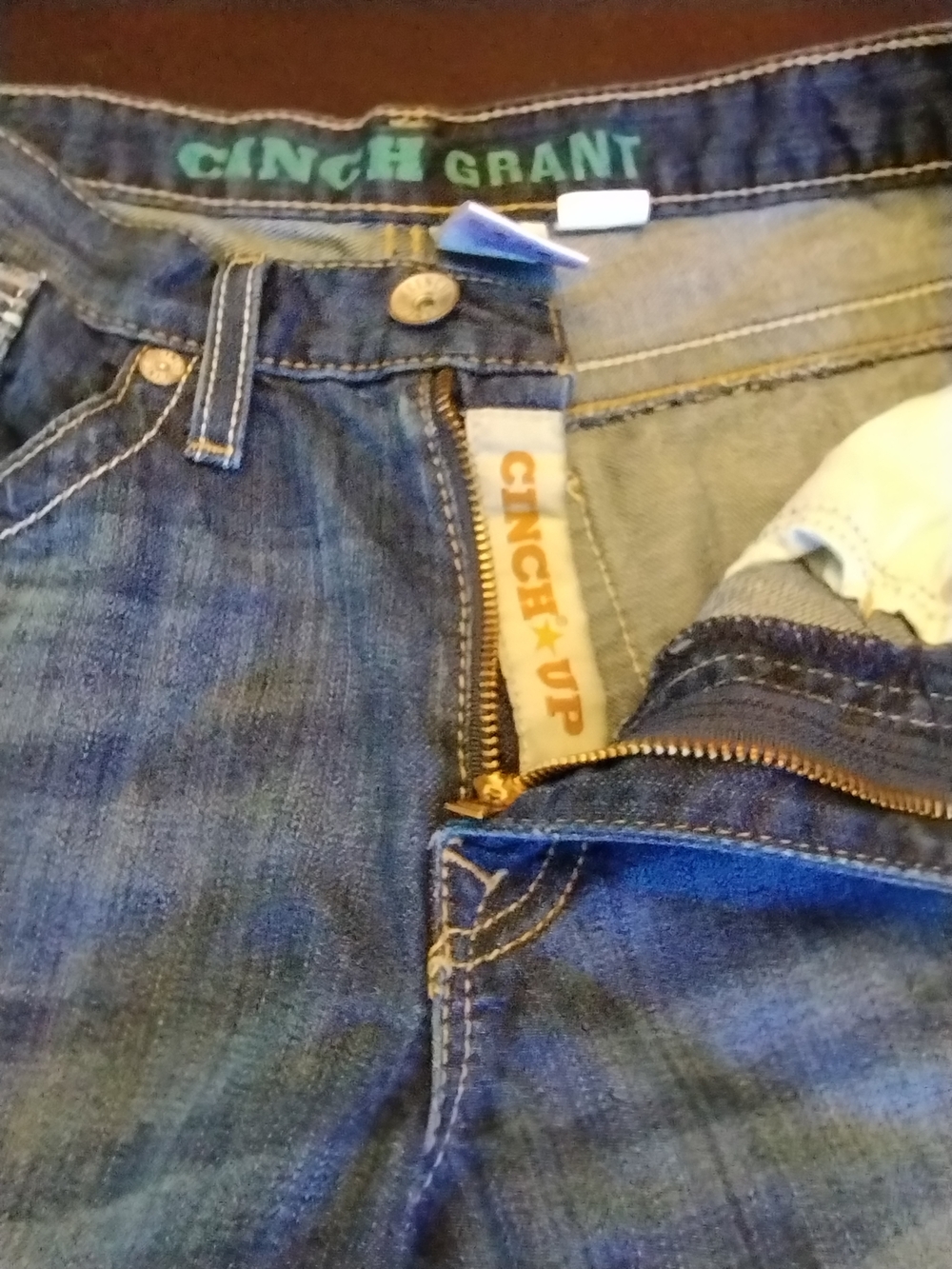 Cinch Blue Denim Jeans with Gold Zipper Accents 30X30 - Picture 4 of 9